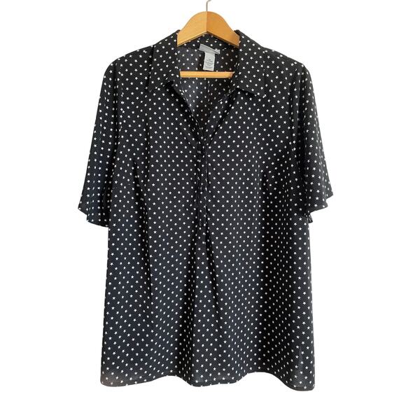 Catherines black stars short sleeve blouse lightweight collar buttons Size 14-16 - Picture 1 of 6